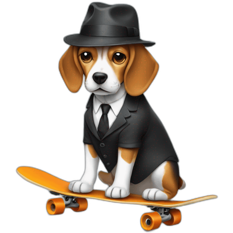 beagle in suit with a hat and an umbrella on a skateboard emoji