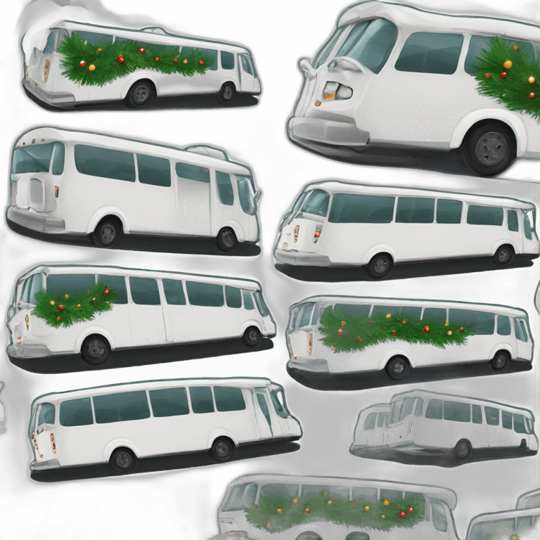 High quality decal style sticker featuring a white bus with a Christmas tree on the roof. Vector sticker style. White background emoji