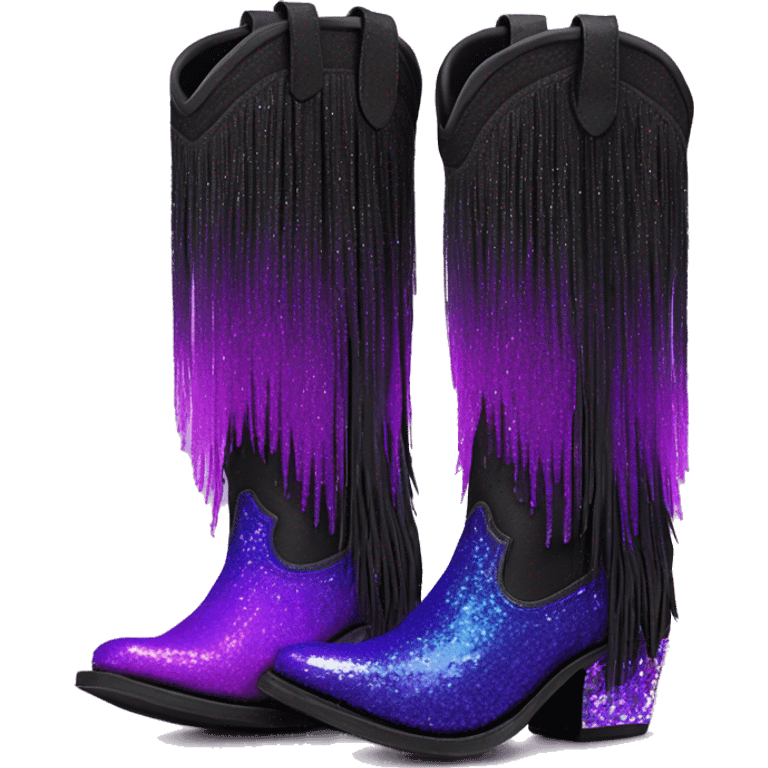 Realistic short neon purple to black ombre fashion cowgirl boot with sparkly shiny glitter fringe on them. emoji