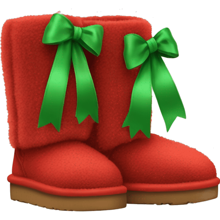 Realistic red Ugg fur boots with gree ribbon bows isolated.  emoji