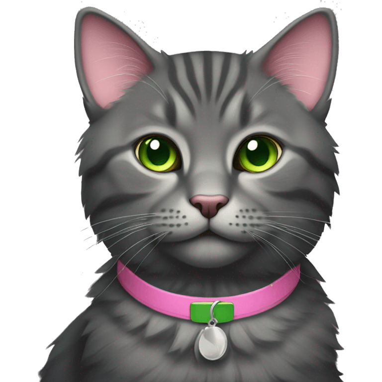 dark grey fluffy tabby cat with green eyes and pink collar emoji