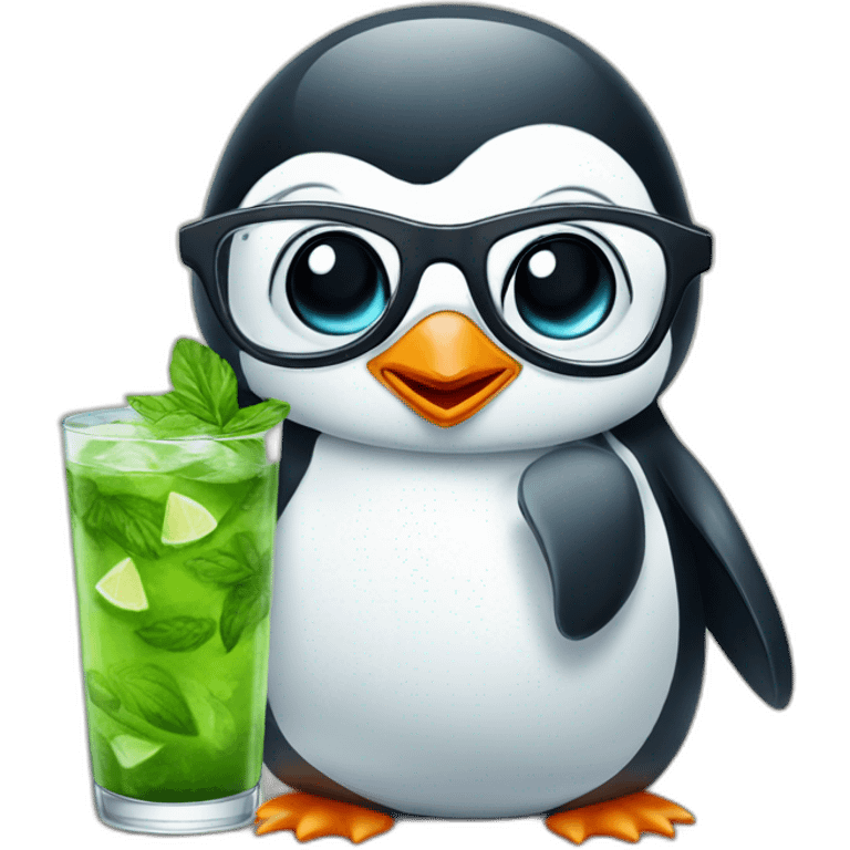 baby penguin with big glasses drinking mojito emoji