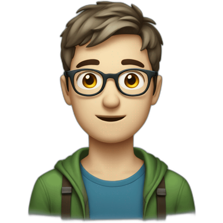 Chatty man, short hair, small thin glasses, blue-green eyes, with dark sweet, geeky emoji