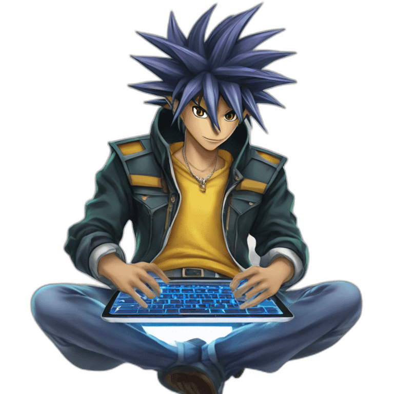 developer behind his laptop with this style :  yu-gi-oh manga anime with hacker themed character emoji