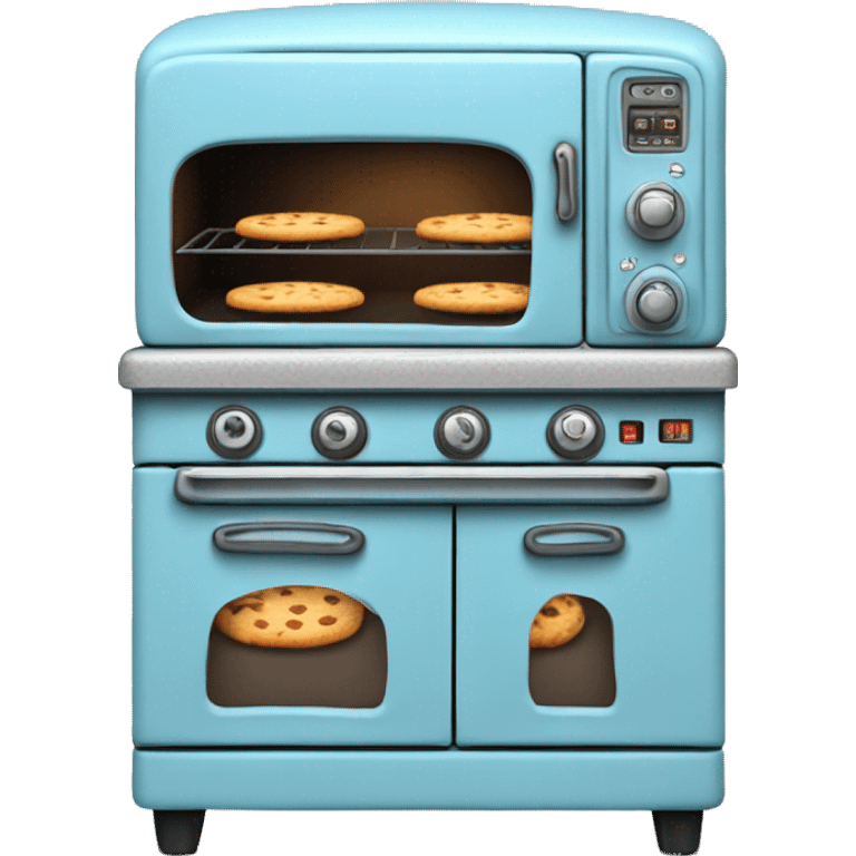 Realistic vintage  light blue oven with cookies baking inside of it. emoji