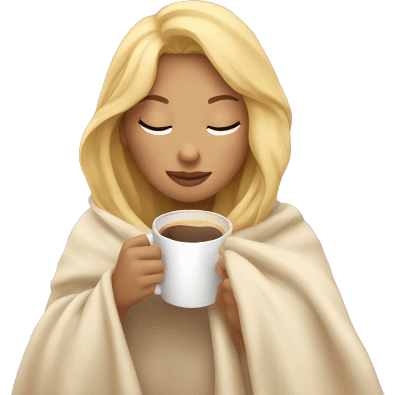 girl with blonde hair inside a blanket sipping coffee eyes closed emoji