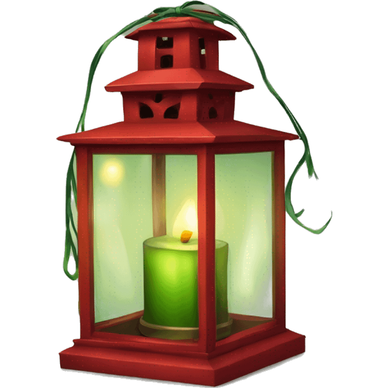 Realistic red rustic lantern with glass windows with lit candle inside and a peridot green silk bow on top of the lantern holder. emoji