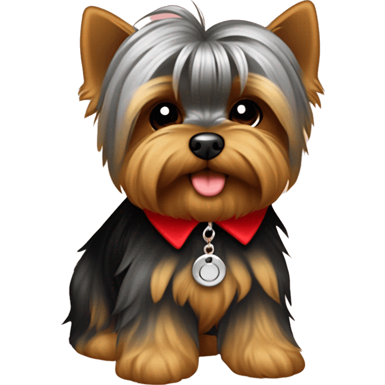 yorkie mezclado con silky pequeño con pelaje café y gris pequeño con collar rojo con cuadros negros  emoji