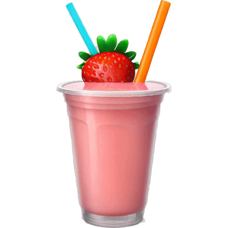 A strawberry banana smoothie with a (orange colored straw in a plastic cup) emoji