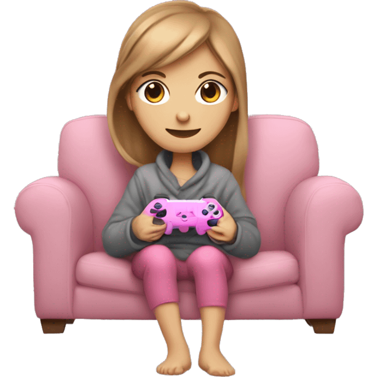 White girl with light brown hair wrapped up in a blanket sitting on a couch with a pink gaming controller in her hands emoji