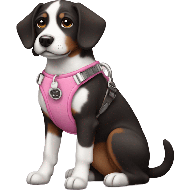 Black white brown dog with pink harness emoji