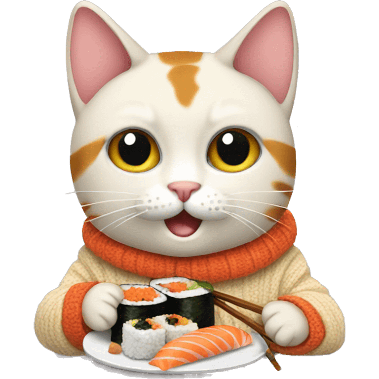 A cat wearing a sweater eating sushi  emoji