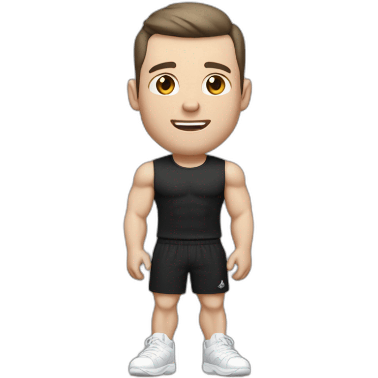 Pale skinned Fit Man With the biceps and dark brown hair in black shirt, gray sports shorts and white Sneakers emoji