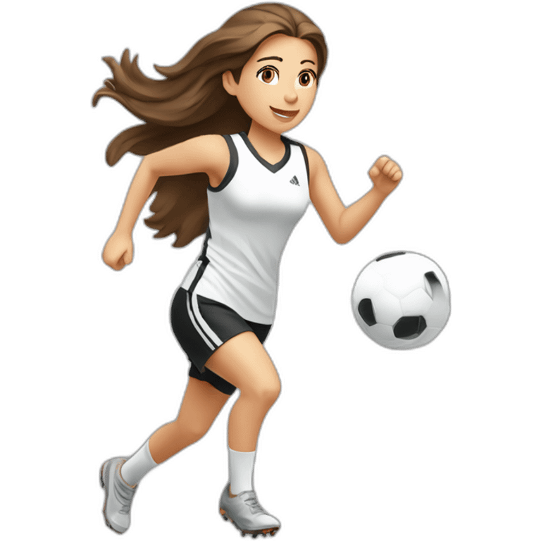 Caucasian girl with brown long hair running with a soccer ball wearing White short and black shorts emoji