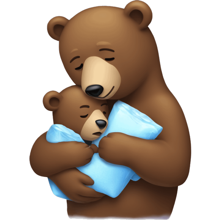 mama bear cradles her sick bear cub. she is holding her cub in her arms as he winces with an ice pack on his head emoji