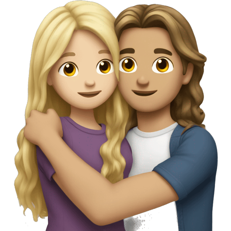 blond haired boy with long hair hugging girl with brunette hair emoji