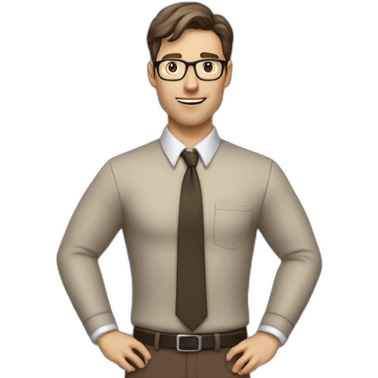 To belt Actively gesturing with hands Pale skinned fit man teacher with dark brown hair in gray jacket, beige office shirt, brown tie, brown pants and vintage glasses. emoji