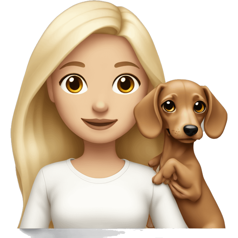 Blonde girl with tan skin in white long sleeve holding a light blonde dachshund puppy  emoji