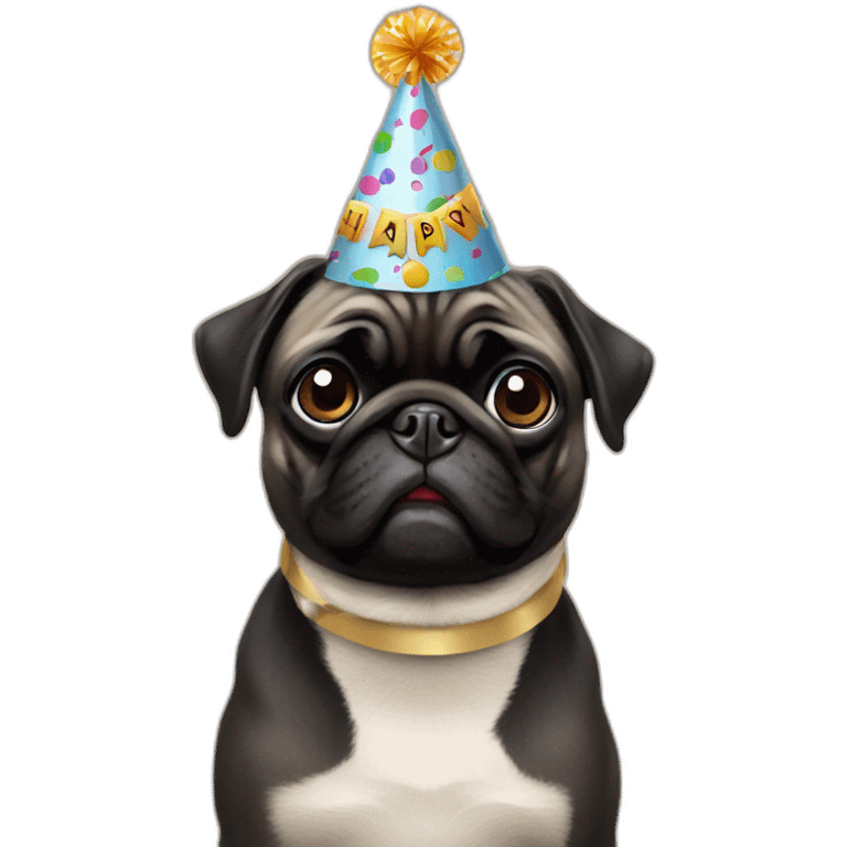 pug wearing birthday hat and black pug wearing birthday hat emoji