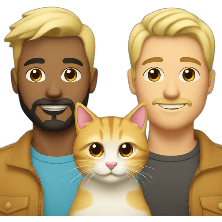 Gay male couple one of them Latino with beard male and the other guy an Australian blonde hair , with a cat in the middle emoji