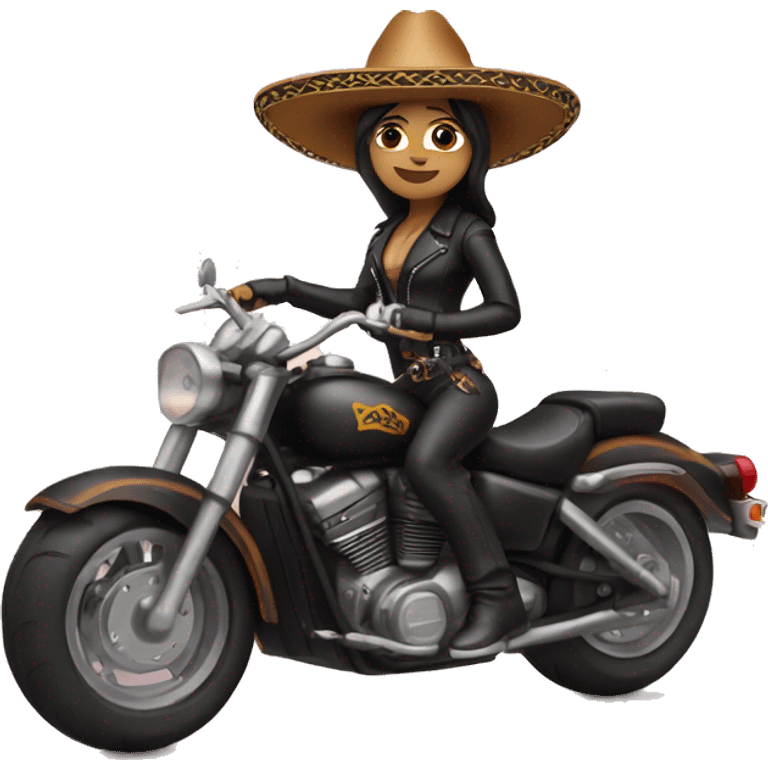 Sombrero girl in leather on a motorcycle emoji