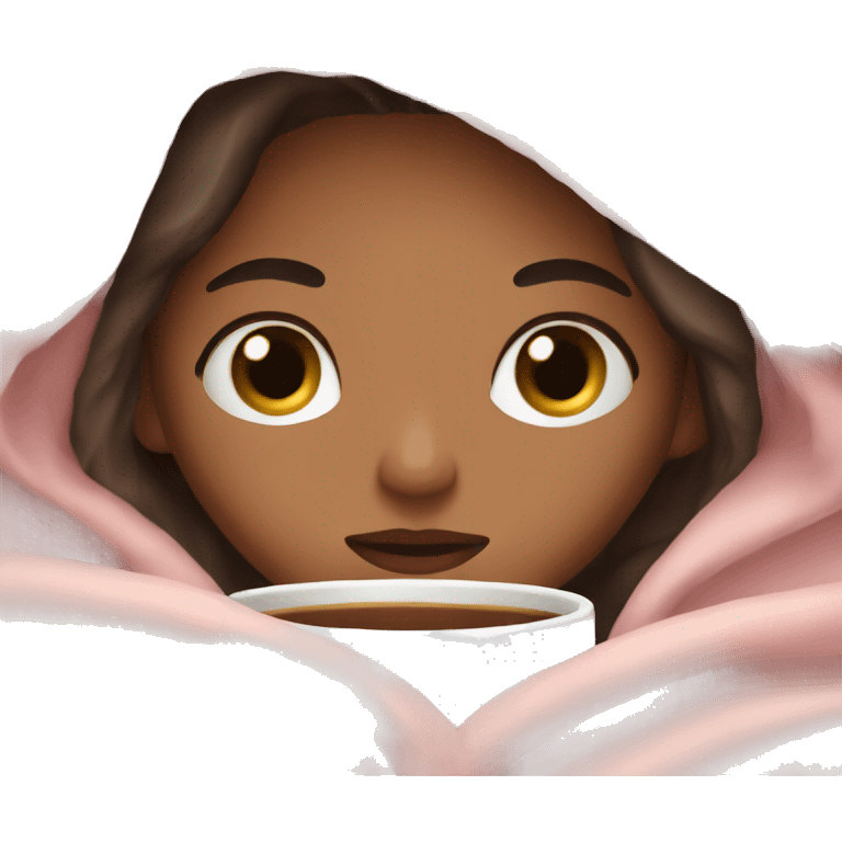 girl inside a light pink blanket sipping coffee eyes closed emoji