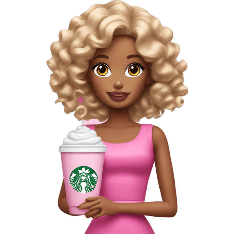 Barbie girl with curly hair holding Pink starbucks refresher emoji