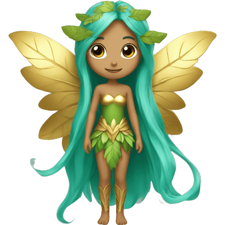 Beautiful, leaf, fairy, gold, turqoise, green, long hair, big wings emoji