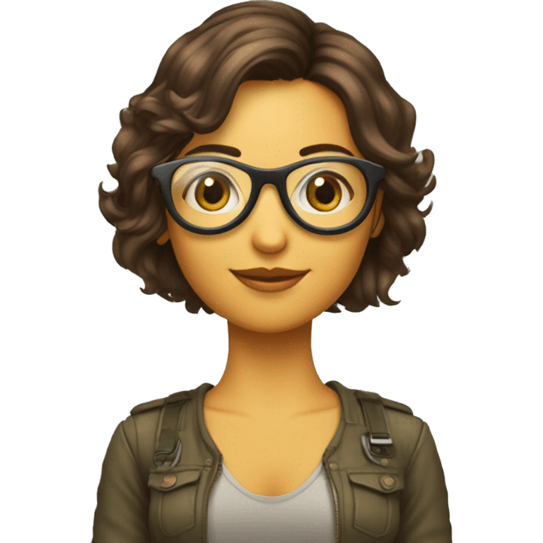 Una chica de cabello corto marrón, lentes de aviador, con una computadora  emoji