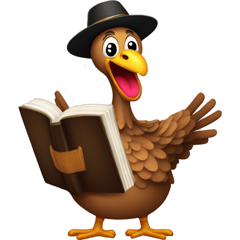 Happy Turkey singing with Bible in his hand emoji