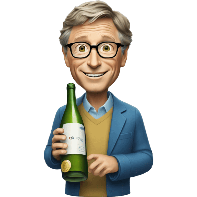 Bill Gates is holding a bottle of sparkling wine emoji