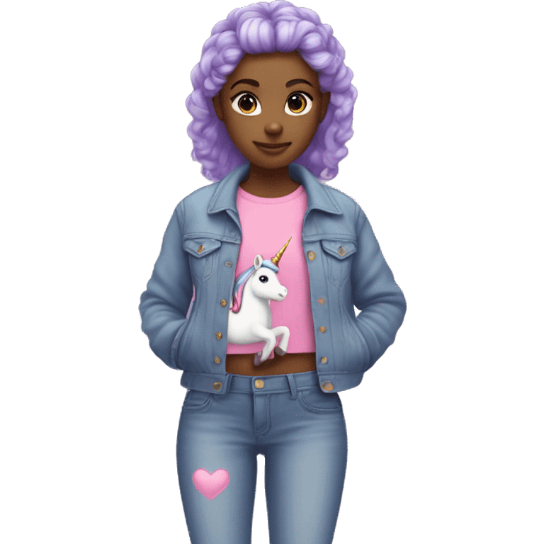 girl with a lavender bun wereing pink jeans, a purple top with a heart,and a jean jacket with a unicorn emoji