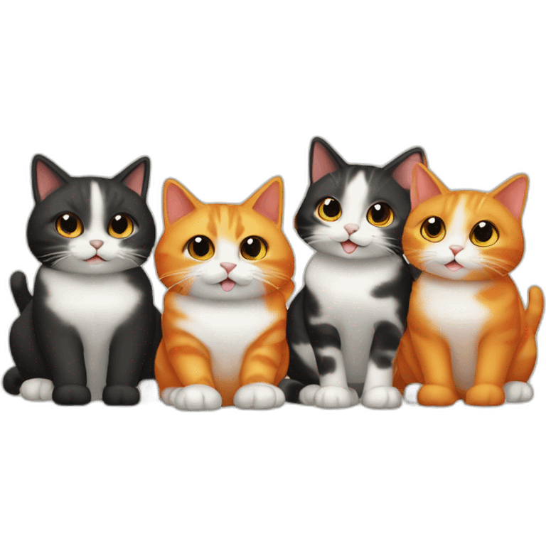 A group of cats, 3 are black, 1 is orange and white, 1 is orange, and 1 is tortoise colored emoji