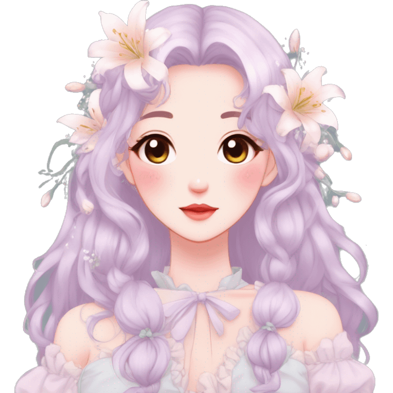 Gorgeous pastel anime style lady with blushing face and lilies cottagecore fairycore pastelcore colorful pearly romantic simplistic aesthetic trending style emoji