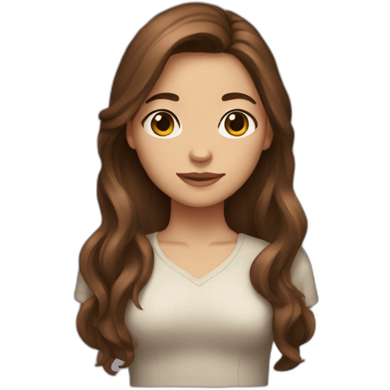 brown-haired woman with long hair, brown eyes, showing a heart emoji