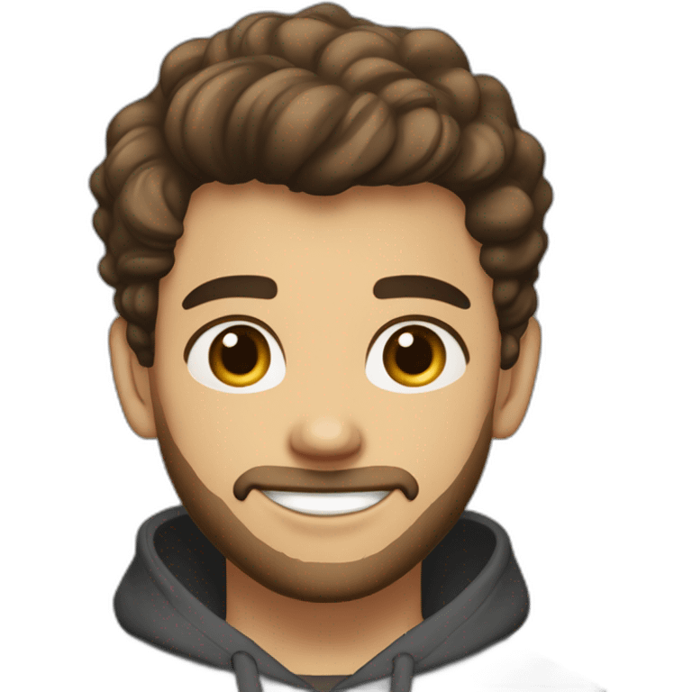 young man  fit with short beard smiling medium long curvy rockabilly style brown hair with light skin and dark brown eyes wearing dark gray sweatshirt hoodie emoji