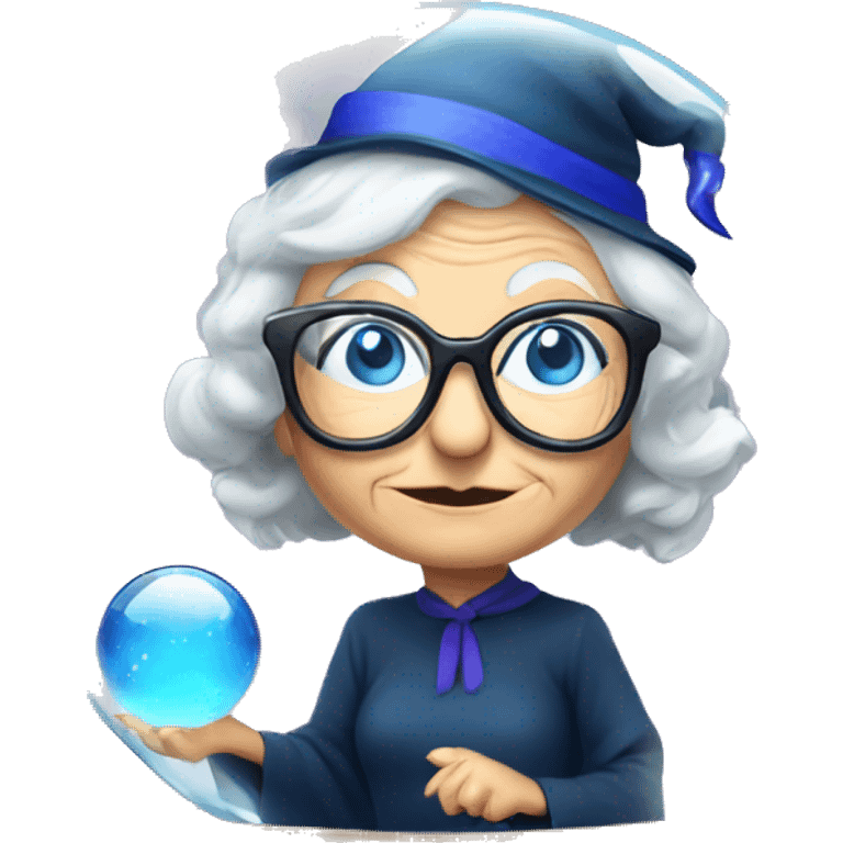 smart granny witch with glasses and blue hat in crystal ball emoji