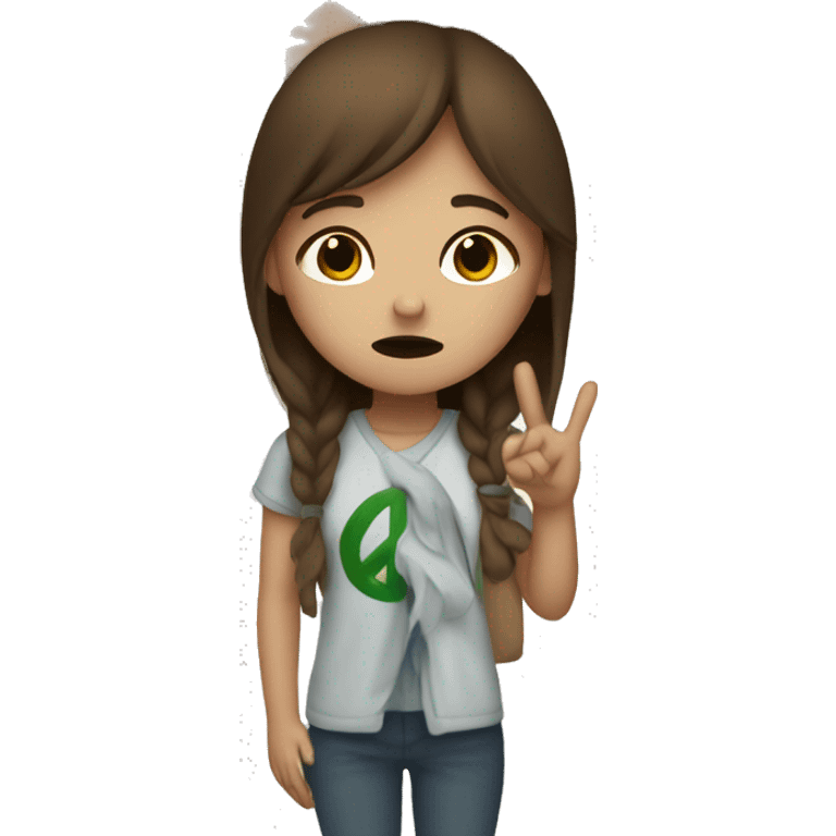 Girl with brown hair holding up a peace sign and crying emoji