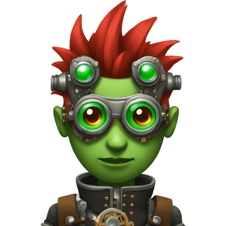 Male cyborg with thin red Mohawk and green steampunk goggles emoji