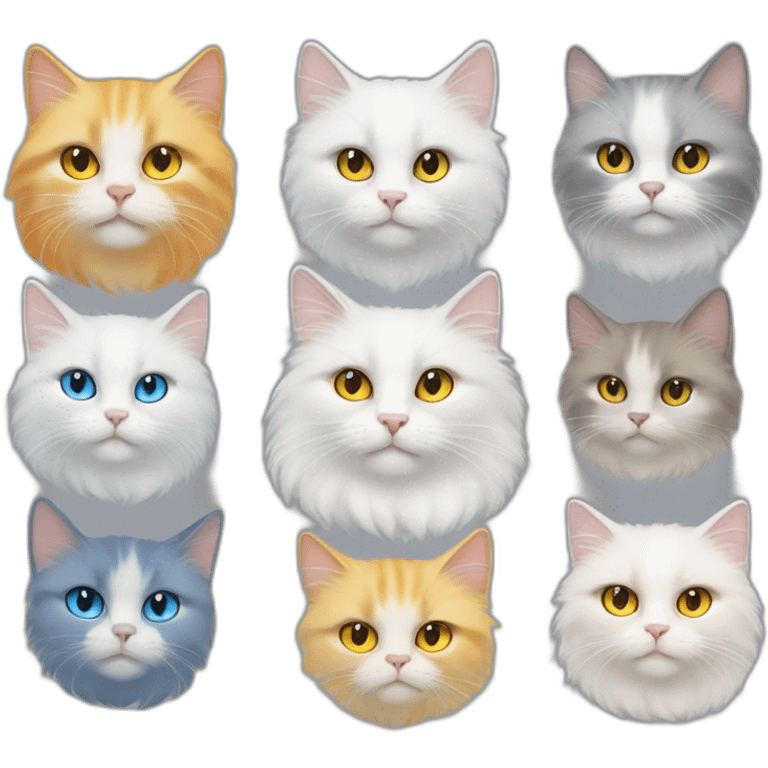 5 fluffly white cats , 3 with yellow eyes, 1 with blue eyes and the other with one blue eye and one yellow eyes. and one orange cat with yellow eyes emoji