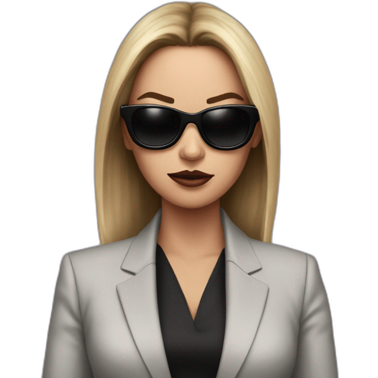 megan foz, hyper realistic, in a suit, with big black sunglasses angry emoji