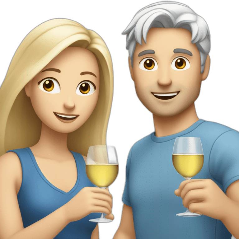 A white female with blue eyes and blond medium long hair and a white male with brown eyes and grey hair, they toast to each other with a glass of white wine. emoji