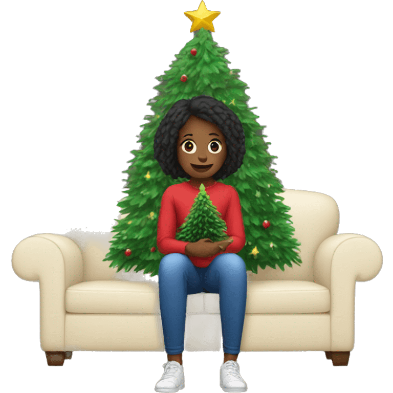 Girl sitting on the couch with Christmas tree infront of her emoji