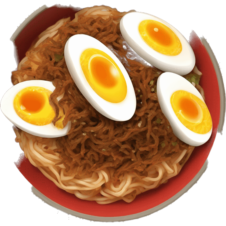 A bowling of red spice buldak noodles with two boiled egg  emoji