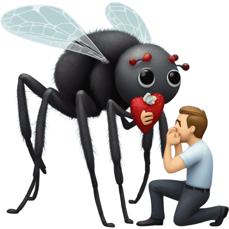 A fly is kneeling on one knee with a wedding ring to propose to his girl friend, a big fuzzy spider that is ready to eat the fly, but in a loving way emoji