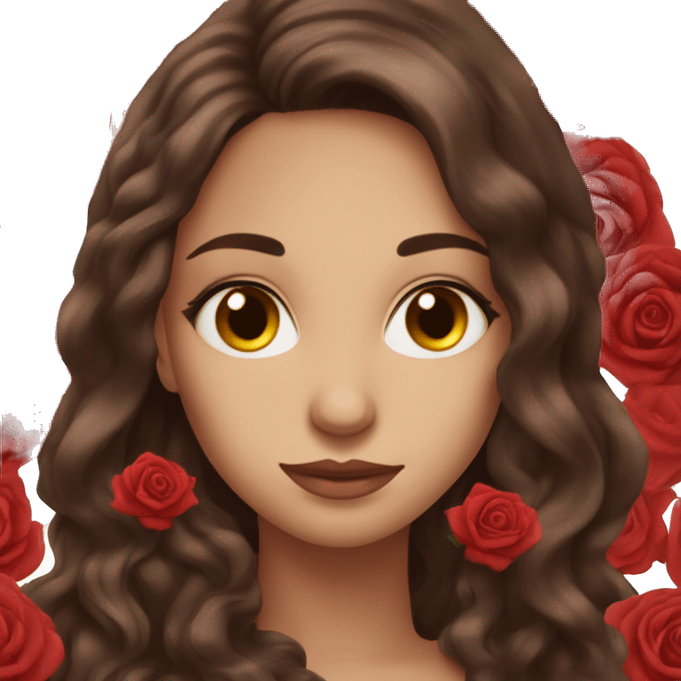 Beautiful, rose, red, flowers in hair, long dark brown hair, fair skin emoji