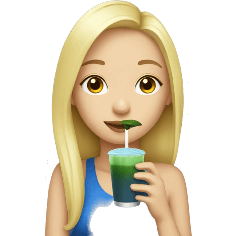 Blonde girl drinking a blue matcha emoji