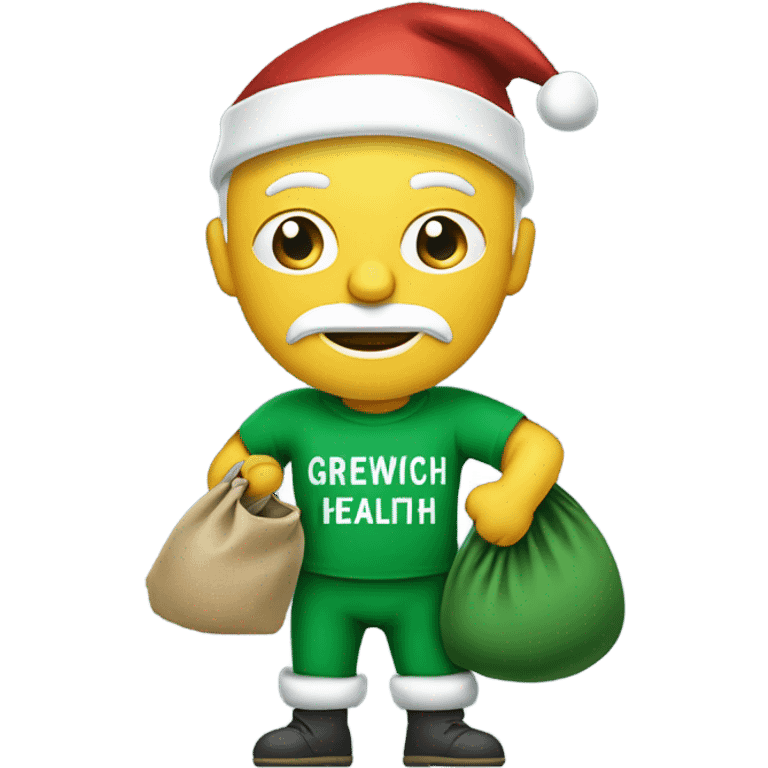 Santa carrying his sack wearing a green t-shirt with the words ‘Greenwich Health’ written in white letters  emoji