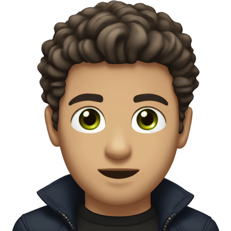 Dark Brown luscious hair for a boy with a black jacket and silver chain across neck, green eyes, navy undershirt, goatee, tanned skin, cut eyebrow, small scar on bottom lip to the right emoji