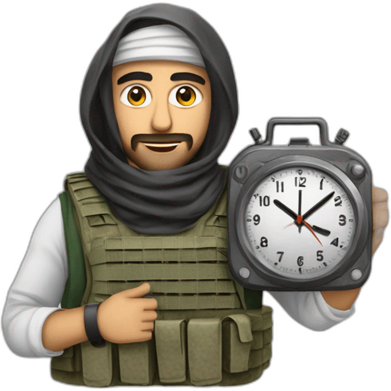 arab man wearing a keffiyeh and a plate carrier with many wires crossing the front and a single analog clock emoji